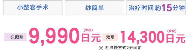 糸のみカンタン　施術時間 約15分 片目 9,990円(税込) 両目 14,300円(税込)※スタンダードクイック法2点留