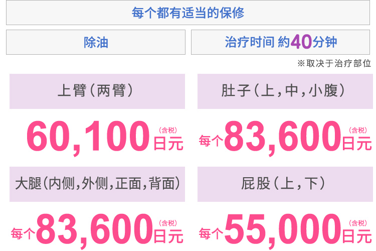 二の腕(両腕) 59,000円(税込) お腹（上・中・下腹部）各82,000円(税込) 太もも（内・外・前・後）82,000円(税込) お尻（上・下部）54,000円(税込)