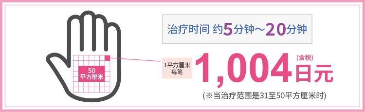 お手軽・施術時間5～20分・1㎝＊1㎝　あたり　984円（※施術範囲が31～50㎠の場合）